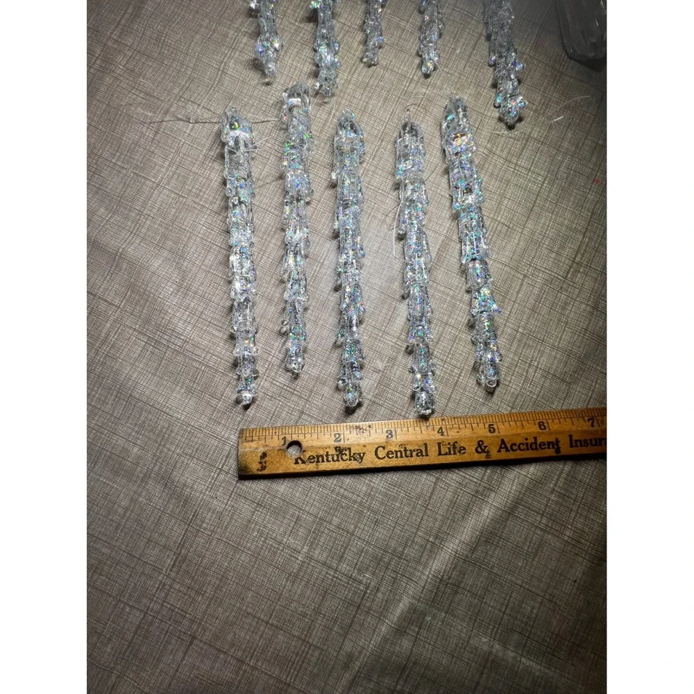 Vintage Iridescent Glitter Icicle Ornaments and Glass Prism Set 11 Piece Clear